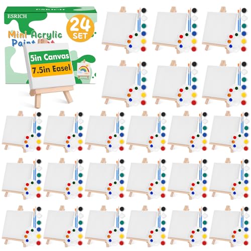 ESRICH 24 Set Mini Acrylic Paint Kit, 5in Mini Canvas with 7.5in Easel - size: 24 set 5 x 5 inches