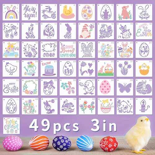 Easter Stencils for Painting, 49 Pcs 3 Inch for Cards Tags Crafts | Reusable & Easy to Clean, Spring Bunny & Egg Icons, Party Favor Bags, Classroom Projects, Scrapbooks, Beginner Friendly - color: Easter
