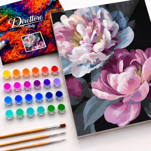 Direttore Italy Paint by Numbers Kit for Adults, Pink Peonies Floral Design, DIY Acrylic Painting Set on 16x20 Inch Framed Canvas, 24 Paints and 3 Brushes, Flower Wall Art Decor for Beginners - color: Pink Peonies