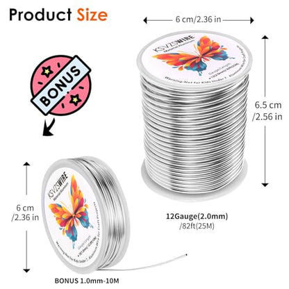 Aluminum Craft Wire 12 Gauge(2.0 mm)–82 FT(25 M)+18 Gauge (1.0 mm) 32.8FT (10 M) KSVZS Anodized Aluminum Wire,Flexible Metal Wire for Crafts,Sculpting,Jewelry Making,Armature and DIY Crafts(Silver) - size: 12 Gauge