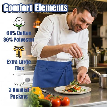 TOSHE Waist Apron 3 Pockets Waterdrop Resistant Cotton Server,Chef,Waitress - color: Navy Blue