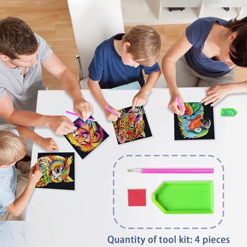 UiSdfuy Diamond Art Kits for Kids, Arts & Crafts Ages 8-12,Diamond Art for Boys Girls,Gem Art 4 Pack Diamond Painting 6"x 6" - Lion Owl Leopard Parrot - color: 4-Lion