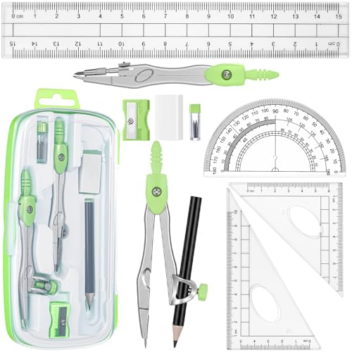Zonon Math Geometry Set for Students 10 Pcs Compass Geometry Tools Kit Includes Protractor Compass Lead Refills Rulers Pencil Sharpener Eraser Pencil Storage Box for Drafting and Drawings(Green) - color: Green