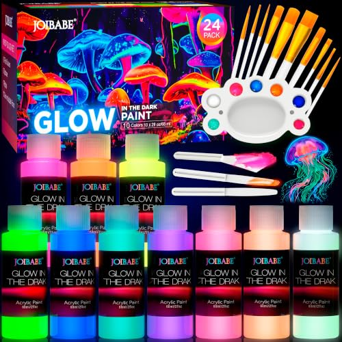 Glow in the Dark Acrylic Paint Set, 24 Pack, 10 Colors | 60ml Large Bottles, 10 Brushes, Palette & 3 Spatulas, Luminous Neon Paint Kit, For Canvas Wood Ceramic Wall DIY Crafts