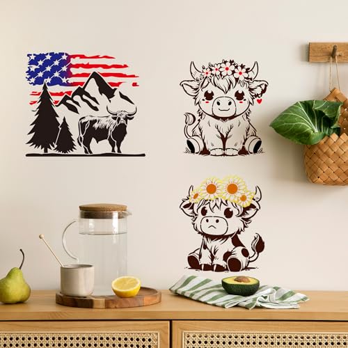 Keluna 12 Pcs Reusable Cow Farmhouse Stencils for Painting - Large Flower Cow Paint Stencils, Animal Template for Crafts on Wood Canvas Furniture - style: cow with flag