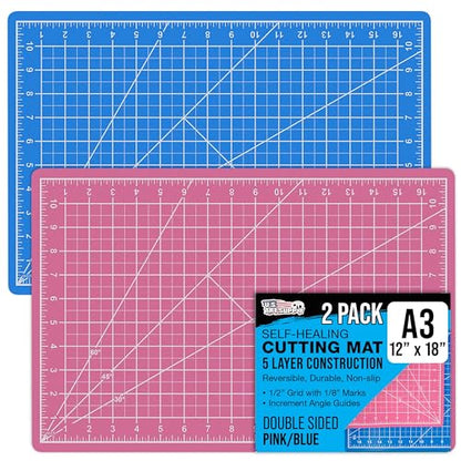 U.S. Art Supply 12"x18" Self-Healing Cutting Mat 5-Ply (2 Pack) Pink/Blue | Double-Sided Pink/Blue Craft Mat, Non-Slip Cutting Mats for Crafts, Sewing, Quilting, Scrapbooking - color: Pink/Blue
