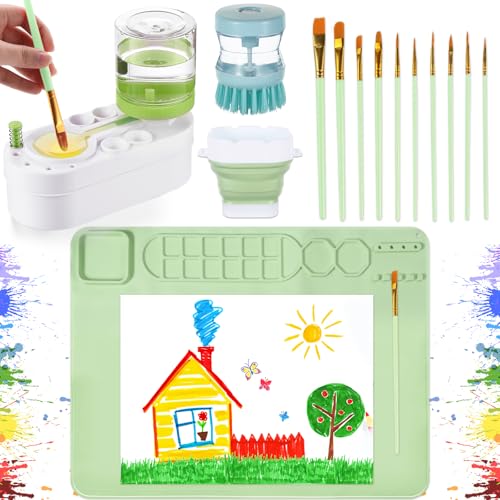 Painting Station Paint Brush Cleaner 20"X16" Silicone Paintings Mat with Cup and Paint Holder 10 Paintings Brushes Children's Painting Set Art Supplies for Kids Back to School Gifts DIY Crafts (Green) - color: Green