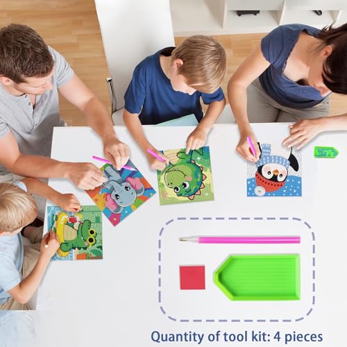 UiSdfuy Diamond Art Kits for Kids,Arts & Crafts for Kid Ages 8-12,Diamond Art for Kids,Gem Art 4 Pack Diamond Painting 6" X 6" (Dinosaur Crocodile Penguin Elephant) - color: Dinosaur Crocodile Penguin Elephant