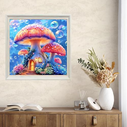 TYPUSOK Mushroom Diamond Art Kits for Adults,Round Full Drill 5D Diamond Painting Kits for Beginners,Mushroom House DIY Diamond Dots Pictures Gem Art Kit,Home Wall Decor 13.78x13.78in - color: Mushroom