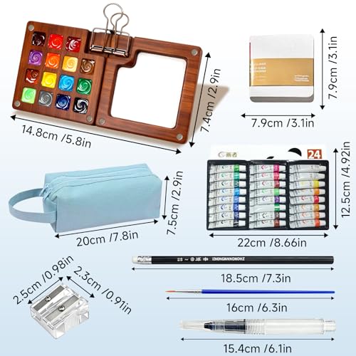 Mini Watercolor Travel Set for Beginners 24 Color Portable Watercolor Paint Set with Walnut Wood Palette Water Brush & Sketchbook Compact Travel Art Supplies for Artists beginner & Painters