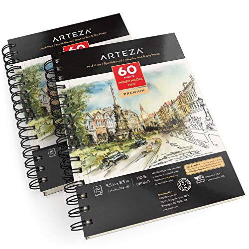 ARTEZA Mixed Media Sketchbook, 5.5 x 8.5 Inches, Pack of 1, 60 Sheets, Micro-Perforated Spiral-Bound Paper Pad for Wet and Dry Media - size: 5.5"x8.5" (Pack of 1)