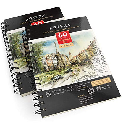 ARTEZA Mixed Media Sketchbook, 5.5 x 8.5 Inches, Pack of 1, 60 Sheets, Micro-Perforated Spiral-Bound Paper Pad for Wet and Dry Media - size: 5.5"x8.5" (Pack of 1)