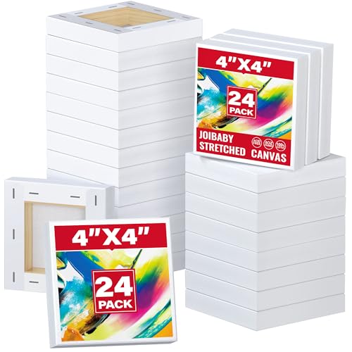 Stretched Canvas for Painting,24Pack 4X4 Inch Mini Stretched White Blank Canvas, 2/5In Profile Small Square Stretched Canvases,Canvas for Painting for Chilren,Birthday,Party,Teaching Class.