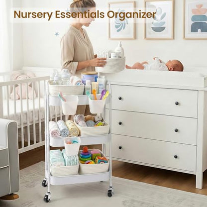 3-Tier Rolling Utility Cart with 4 Woven Baskets, Diaper Book Snack Cart, Storage Organizer for Nursery, Kitchen, Craft Room, Home SPA, Living Room, Metal Frame Trolley on Lockable Wheels, White - color: White