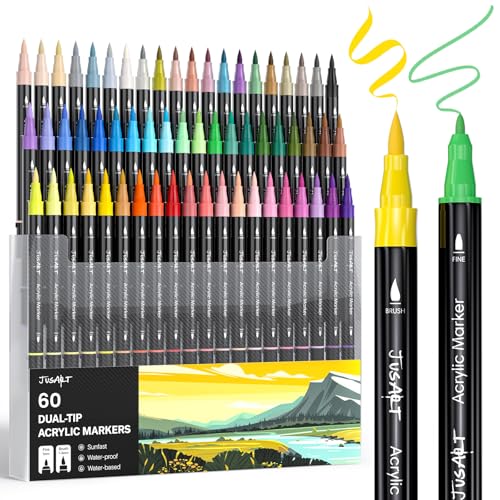 JusArt Acrylic Paint Markers 60 Colors, Dual Tip Art Supplies for Rock | Acrylic Markers for Kids, Paint Pens for Wood Glass Fabric, School Supplies & Classroom Must Haves, Great Gift for Artists. - color: Black Barrel- 60 Colors