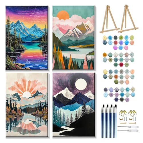 JOOZ 4 Pack Paint by Numbers Kit for Adults with Frame Mountain Landscape Paint by Number with Easel DIY Lake Adult Paint by Number Kits Sunset Easy Oil Painting Kits for Home Wall Decor 8x12 Inch - color: Mounain 014