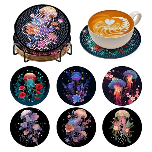 Zynlio Jellyfish Diamond Paintings Coasters Kits Set with Holder,Diamond Art, DIY Diamond Crafts Coasters for Adults, Diamond Art Painting Kits for Women, Beginners, Diamond Craft Supplies - color: Jellyfish
