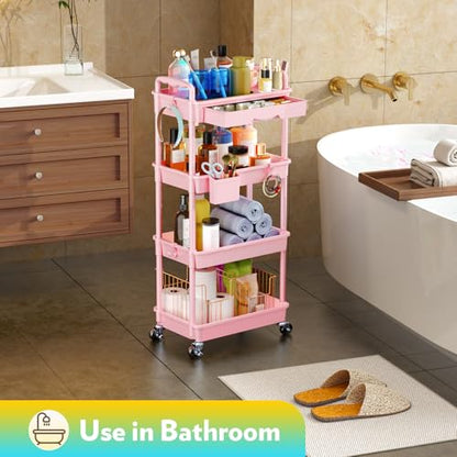SUNALLY Makeup Cart Organizer with Drawer, 4 Tier Rolling Makeup Cart, Pink - color: Pink, size: 4 Tier