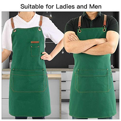 Chef Apron with Cross Back Straps for Men Women, Cotton Canvas Apron for Artists Painting, Kitchen Cooking - color: Green