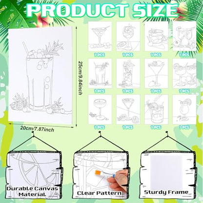 Motipuns 12 Set Cocktails Pre Drawn Canvas for Paint for Adults | 8 x 10 Inch, Sip and Paint Party Kit, Pre Printed Framed Canvas with Easels Paints Brushes Aprons, Party Adult Art Supplies - style: Cocktails
