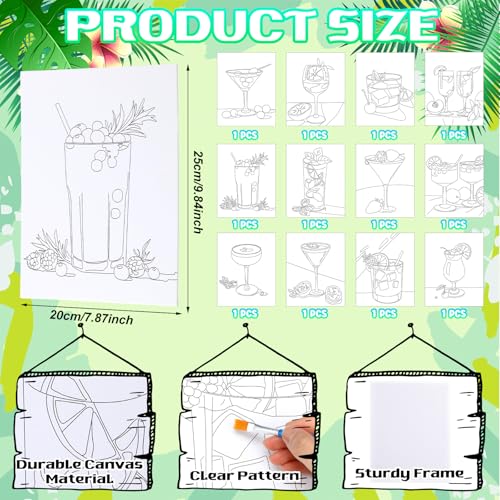 Motipuns 12 Set Cocktails Pre Drawn Canvas for Paint for Adults | 8 x 10 Inch, Sip and Paint Party Kit, Pre Printed Framed Canvas with Easels Paints Brushes Aprons, Party Adult Art Supplies - style: Cocktails