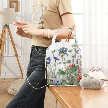 Wildflower Bloom Blue Yarn Bag Small Crochet Bag Drawstring Yarn Storage Organizer Knitting Project Bags Potable Yarn Holder with Holes Handle Crocheting Needles Knitting Accessories - color: Wildflower Bloom Blue