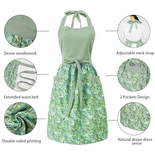 Cute Floral Apron for Women with Pockets, Cotton, Adjustable Straps - color: Light Green