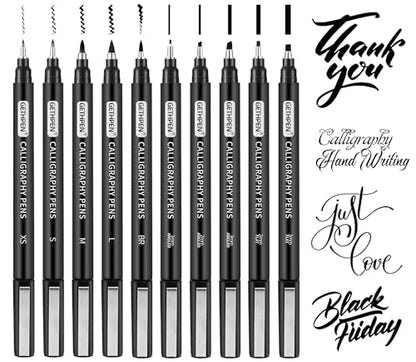 GETHPEN Calligraphy Brush Pen Set,10 Sizes Black Archival Ink Markers | Calligraphy Pens for Beginners, Black Archival Ink, 10 Sizes Calligraphy Markers, Writing, Drawing, Sketching, Scrapbooking