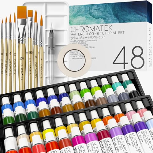 CHROMATEK Watercolor Tutorial Set, 7 Part Video Course, 84 Piece All-In-One Kit, Adults, Beginner & Professional Artists, 48 Watercolor Paint Tubes, 25 Page Workbook, 8 Brushes, Aquapen, Palette, Tape