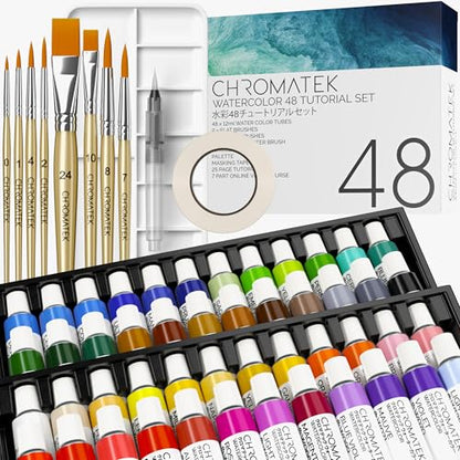 CHROMATEK Watercolor Tutorial Set, 7 Part Video Course, 84 Piece All-In-One Kit, Adults, Beginner & Professional Artists, 48 Watercolor Paint Tubes, 25 Page Workbook, 8 Brushes, Aquapen, Palette, Tape