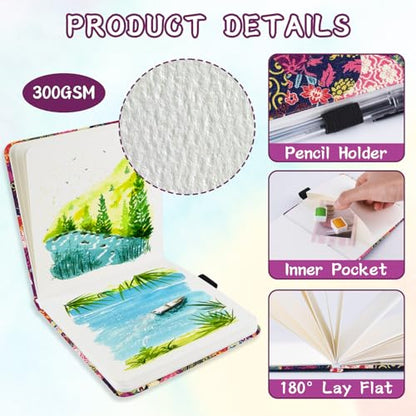 5x5" Watercolor Sketchbook,Mixed Media Pad,Travel Portable Drawing Journal | 140LB/300gsm 20Sheets/40Pages Watercolor Paper,Cold Press,Cloth Fabric Hardcover,Sewing Binding,Lay-Flat.Japanese-StyleMotifs - color: 300gsm-Japanese-style Motifs