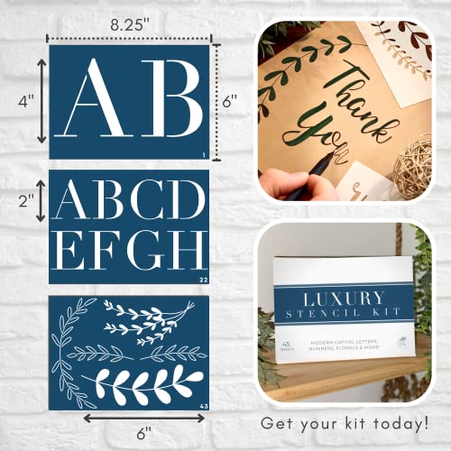 Boutique Stencil Template Kit | 45 Reusable Pieces | Lettering Uppercase Both Large & Small | Numbers, Punctuation, Butterfly, Animal, Bee, Leaf & Flowers | for Arts Crafts Painting Wood (Luxury Kit) - style: Luxury Stencils