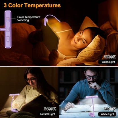 Gritin 19 LED Rechargeable Book Light for Reading in Bed | Eye Caring 3 Color Temps,Stepless Dimming Brightness,Memory Function,90 Hrs Runtime Lightweight Clip on Light-Purple - color: Purple