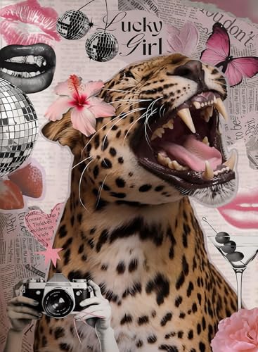 Pink Girly Diamond Art Kits for Adults Diamond Painting Kit for Adults | Coquette Cheetah Girlly Modern 5D Diamond Dots Gem Art Crafts with Tools, Round Full Drill Crafts for Home Wall Decor-12X16in - color: DP02915, size: Round diamond painting