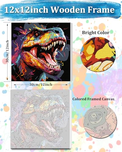 TOCARE Framed Paint by Numbers Kit for Adults Beginners & Kids Ages 8-12, 12x12inch Dinosaur Paint by Number with Frame,Dinosaur Paint by Numbers Framed Canvas for Amimal Lover (Without Easel) - color: TC-F-292