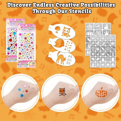 58PCS Halloween Face Paint Stencils Kit Includes 36 Reusable Facial Painting Stencils, 6 Sheets Tattoo Templates Stickers, 10 Brushes, 2 Pack Adhesive Gems, 4 Sponge for Halloween Party Makeup - color: Halloween