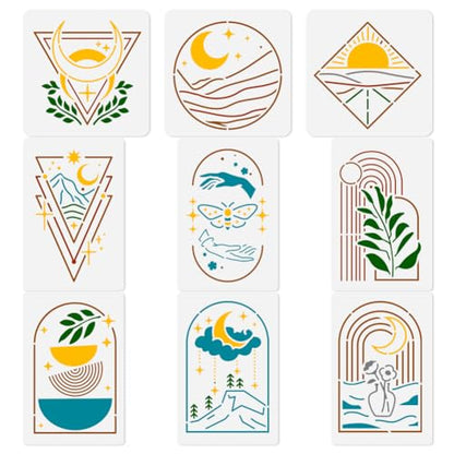 9Pcs Bohemian Stencils for Painting, Reusable Geometric Scenery Stencil Drawing Templates, Sun Moon Mountain Leaf DIY Craft Paint Templates for Wall Home Decor Wood Burning Canvas Journal