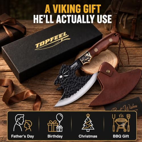 Topfeel Leopard-Head Viking Knife, Hand-Forged Meat Cleaver with Sheath