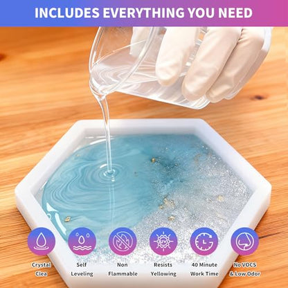 Minlebao Crystal Clear Epoxy Resin Kit 16oz, High Gloss Bubble-Free Coating & Casting for DIY Art, Jewelry Making, River Tables - 1:1 Ratio with Measuring, Silicone Mold and Usage Tools - size: 16OZ