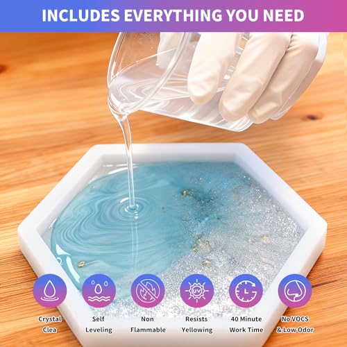 Minlebao Crystal Clear Epoxy Resin Kit 32oz, High Gloss Bubble-Free Coating & Casting for DIY Art, Jewelry Making, River Tables - 1:1 Ratio with Measuring, Silicone Mold and Usage Tools - size: 32OZ