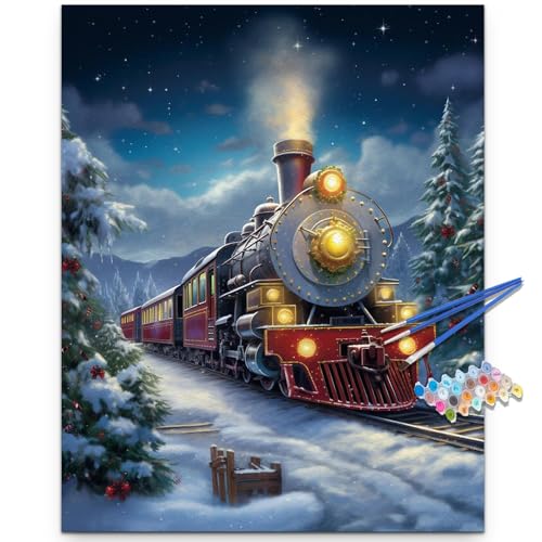 Artunion ChristmasTrain Paint by Numbers Kit for Adults,Snowy Landscape Paint by Number Kits, DIY Oil Painting Paint by Number Kits on Canvas Arts Craft for Home Wall Decor 16x20 Inch - color: ZXT-311