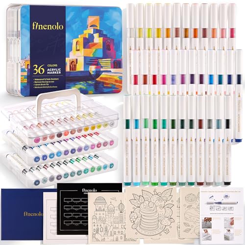 finenolo 36 Colors Brush Tip Acrylic Paint Markers, Water-Based Paint Pens | Waterproof, non-toxic, fast-drying acrylic markers, for rock painting, wood, glass, ceramic, fabric, metal, diy crafts - color: 36 Colors