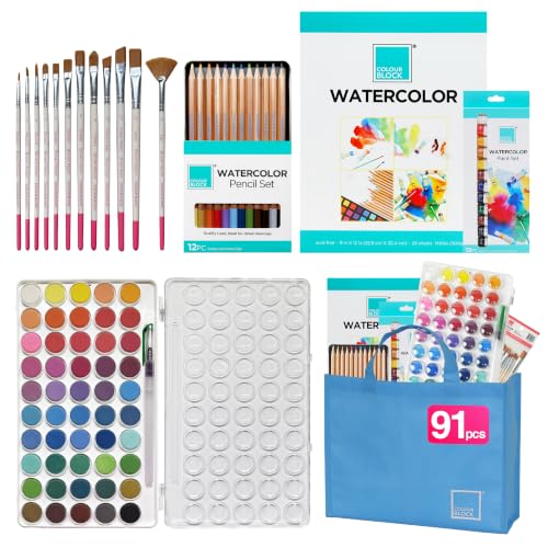 COLOUR BLOCK 91pc Watercolor Paint Set, Art Set, Paint Brushes, Watercolor Paper, Drawing Pencils, Colored Pencils 12 Count, Water Color Paint for Summer Travel