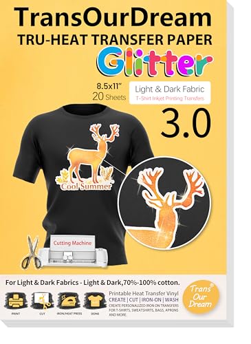 TransOurDream Glitter 3.0 Heat Transfer Paper for Inkjet Printer (20 Sheets, 8.5x11'') Printable Heat Transfer Vinyl for T Shirts Iron on Transfers for Light & Dark Fabric (TOD-GL3-20) - color: Glitter, size: 20 Sheets