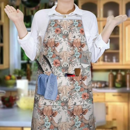 Apron with 2 Pockets,Kitchen Chef Artist Aprons for Cooking Gardening Baking Painting, Waterproof Apron 33" x 27" - color: Highland Cow