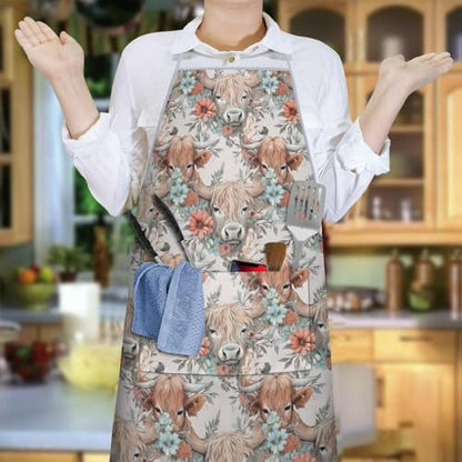 Apron with 2 Pockets,Kitchen Chef Artist Aprons for Cooking Gardening Baking Painting, Waterproof Apron 33" x 27" - color: Highland Cow