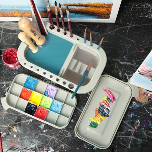 MyLifeUNIT Paint Brush Cleaner, Paint Brush Holder with Palette, Grey | 18 mixing wells, 16 slots fitting 0.24-0.63 in diameters, 3 washing compartments, removable tray lid - color: Grey