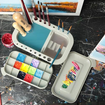MyLifeUNIT Paint Brush Cleaner, Paint Brush Holder with Palette, Grey | 18 mixing wells, 16 slots fitting 0.24-0.63 in diameters, 3 washing compartments, removable tray lid - color: Grey