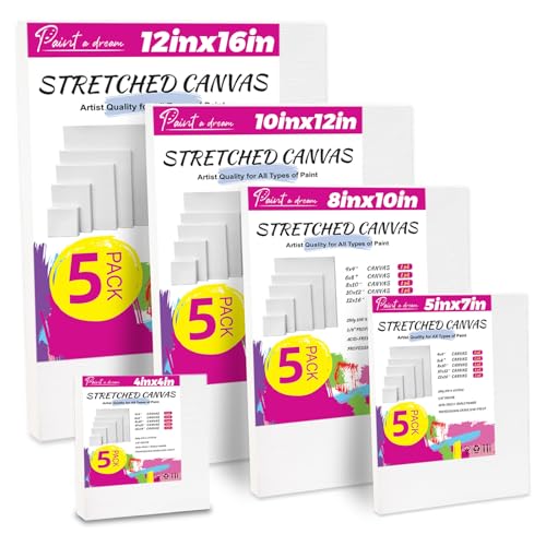 5 Pack Stretched Canvas for Painting, 5 Size 4x4” to 12x16, 100% Cotton with Natural Cottonseed Husk, 5/8" Thick Frame, Triple-Primed, Warp-Resistant, Ready to Paint for Acrylics, Oils - size: 5pk-4x4 to 12x16 inch