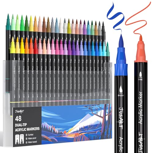 JusArt Acrylic Paint Markers 48 Colors, Dual Tip Art Supplies for Rock | Acrylic Markers for Kids, Paint Pens for Wood Glass Fabric, School Supplies & Classroom Must Haves, Great Gift for Artists. - color: Black Barrel- 48 Colors